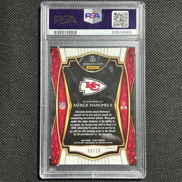 2020 Select Patrick Mahomes Premier Level Gold Prizm /10 SSP PSA 10 GEM MINT - Picture 2 of 2